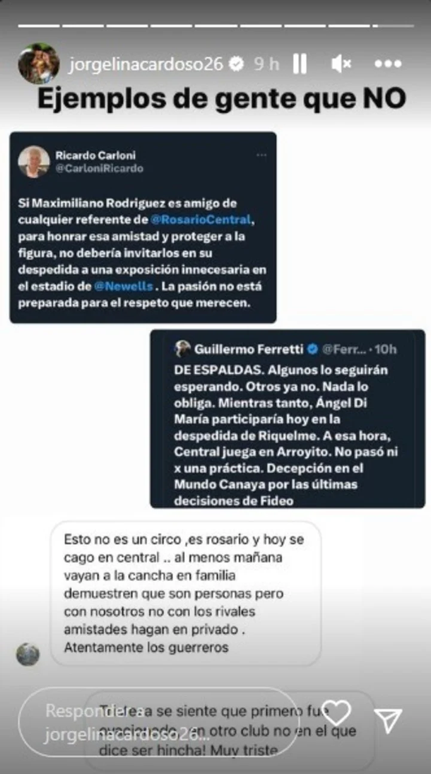 Jorgelina Cardoso respondio a las criticas de los hinchas “canallas” contra Ángel Di Maria