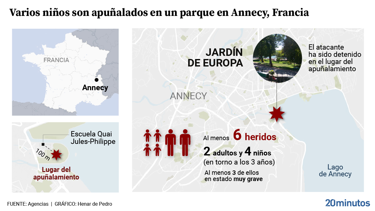 Mapa localizador del apuñalamiento con arma blanca en un parque de Annecy.