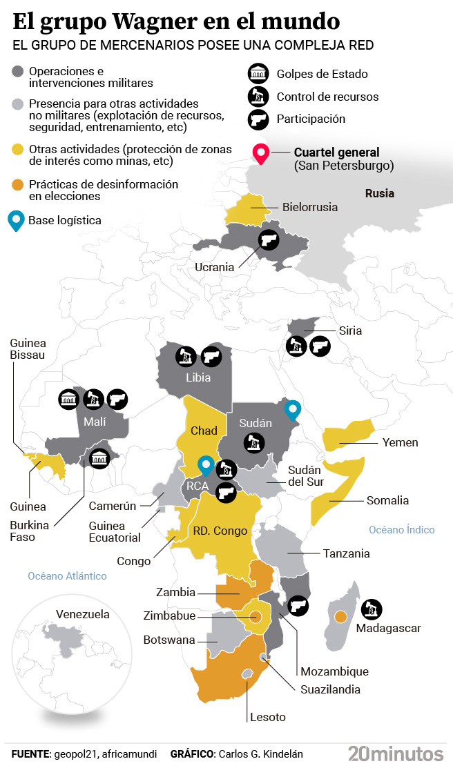 Mapa del Grupo Wagner en el mundo.