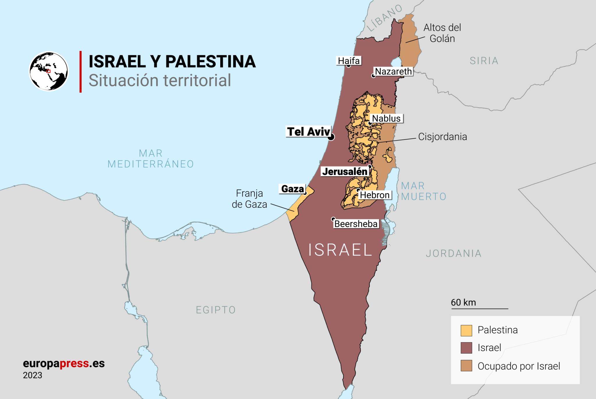 Situacion territorial de Israel, Gaza, Cisjordania y los territorios ocupados por el ejercito israeli.