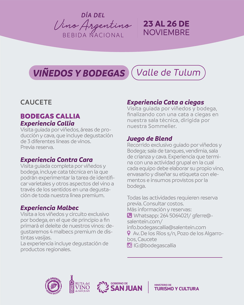 2023-11-21 TURISMO Y CULTURA: San Juan celebrara la semana del Vino Argentino con imperdibles actividades
