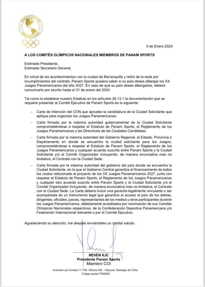 Panam Sports le responde a Colombia sobre Juegos Panamericanos del 2027