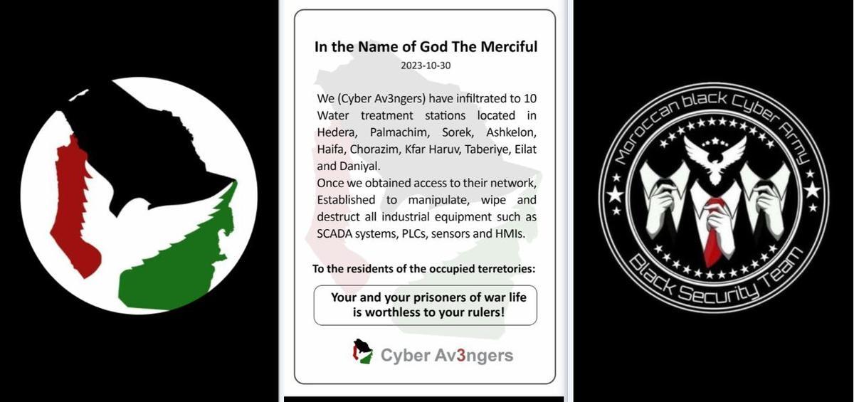 Un comunidado del grupo irani Cyber Avengers (izquierda y centro) reivindica un cibertaque a plantas de agua potable en Israel. A la derecha, el logo del Moroccan Black Cyber Army.