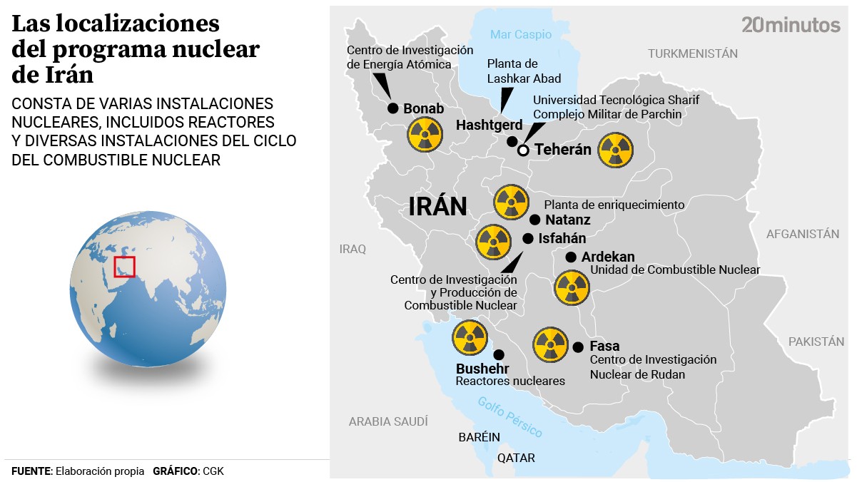 Localizacion de las instalaciones nucleares de Iran.