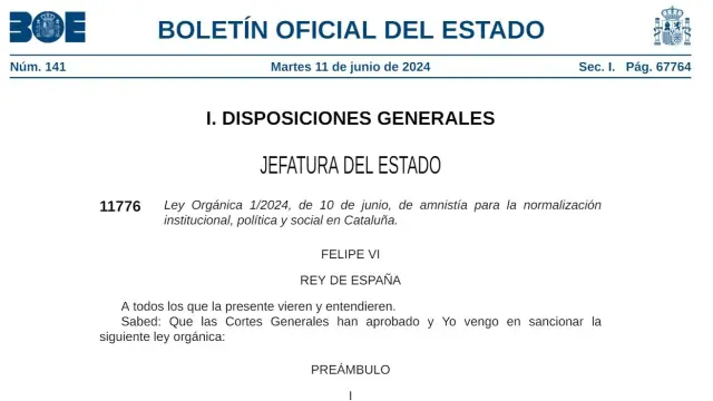 El Boletin Oficial del Estado (BOE) ha publicado la mañana de este martes la Ley Organica de Amnistia para la normalizacion institucional, politica y social en Catalunya, tambien conocida como Ley de Amnistia.