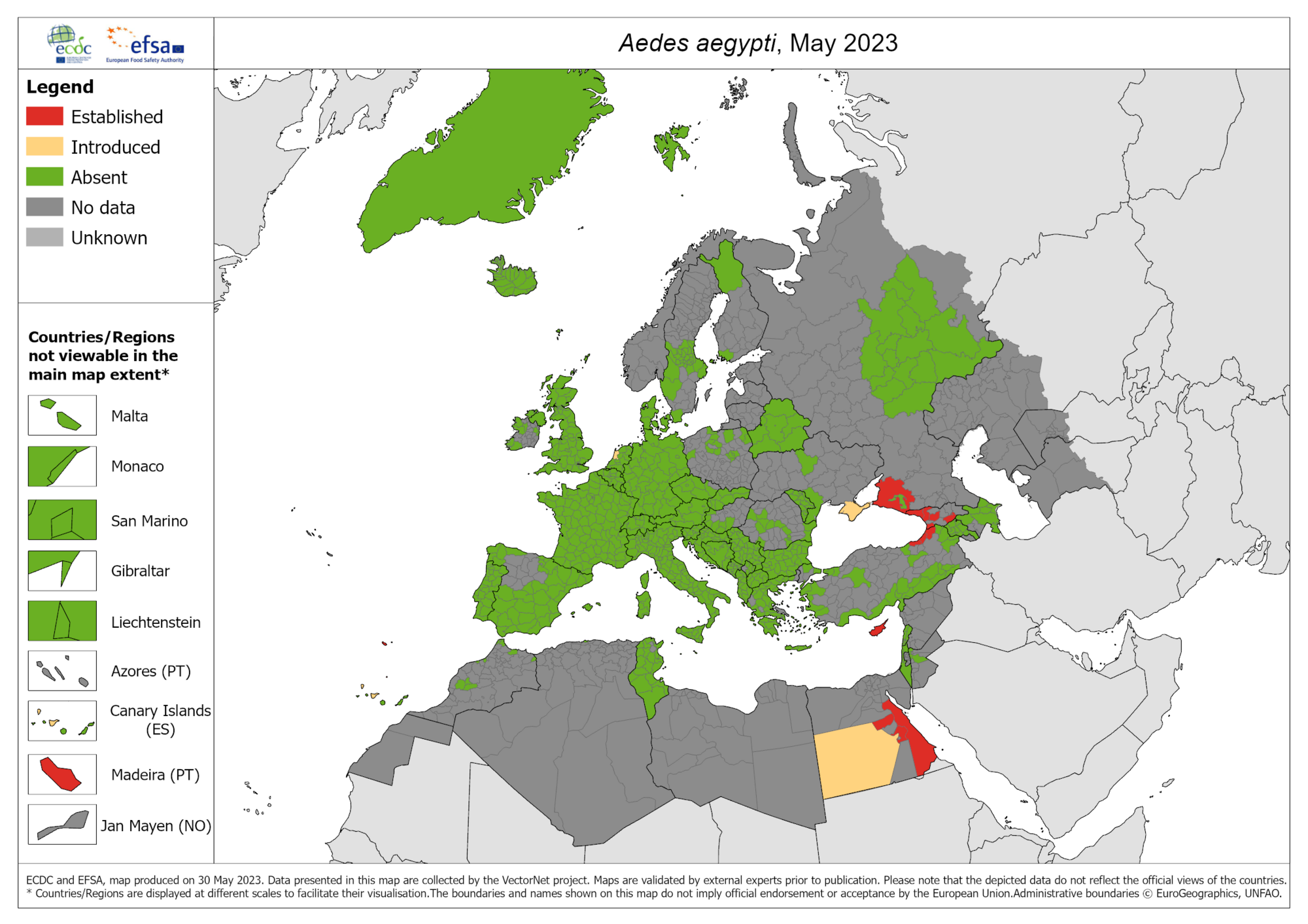 Presencia del mosquito Aedes aegypti en Europa a mayo de 2023.