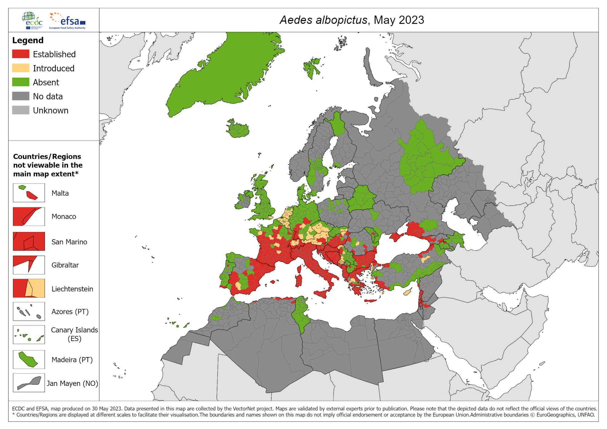 Presencia del mosquito Aedes albopictus en Europa en mayo de 2023.