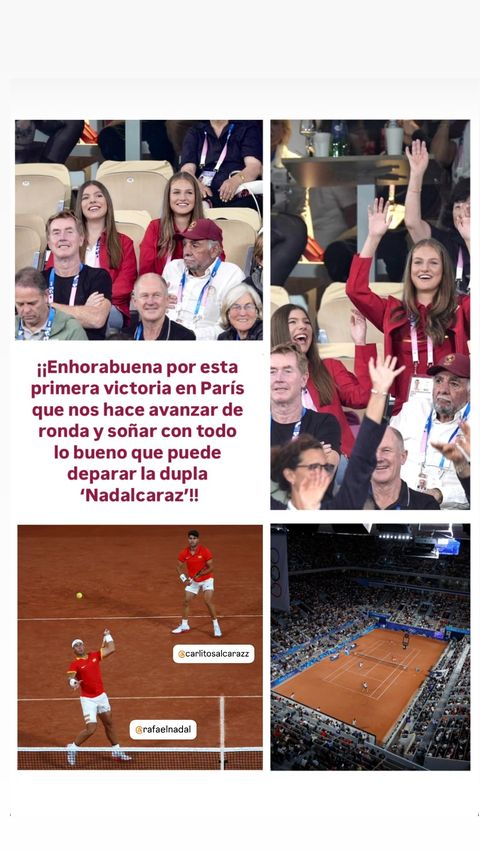 Felicitacion en Instagram de Casa Real a Nadal y Alcaraz por su primera victoria en dobles.