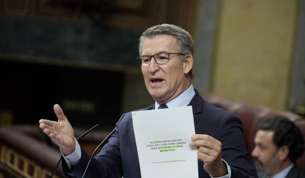 El presidente del PP, Alberto Nuñez Feijoo, interviene durante una sesion de control al Gobierno, en el Congreso de los Diputados