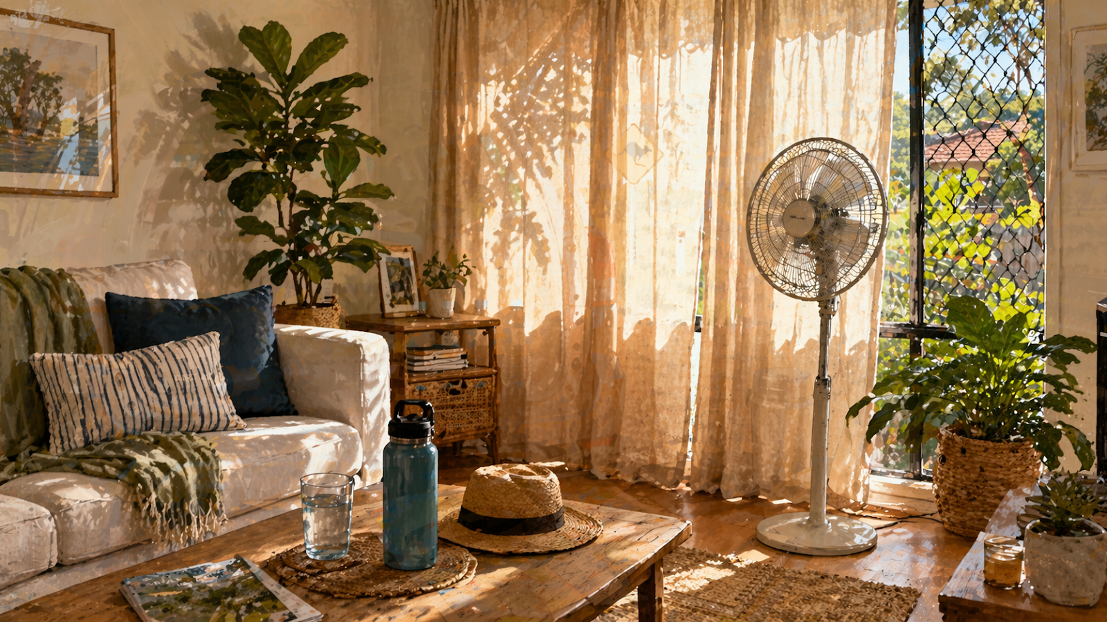 A sunlit living room features sheer curtains diffusing warm light, an oscillating fan near a window with security mesh.