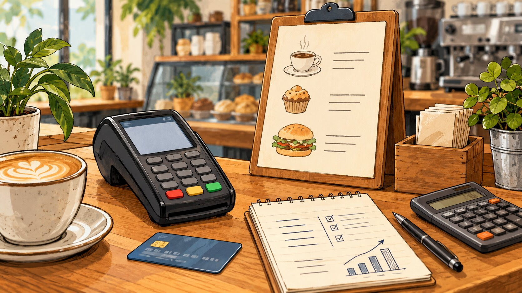Australian small business counter with card terminal and pricing worksheet