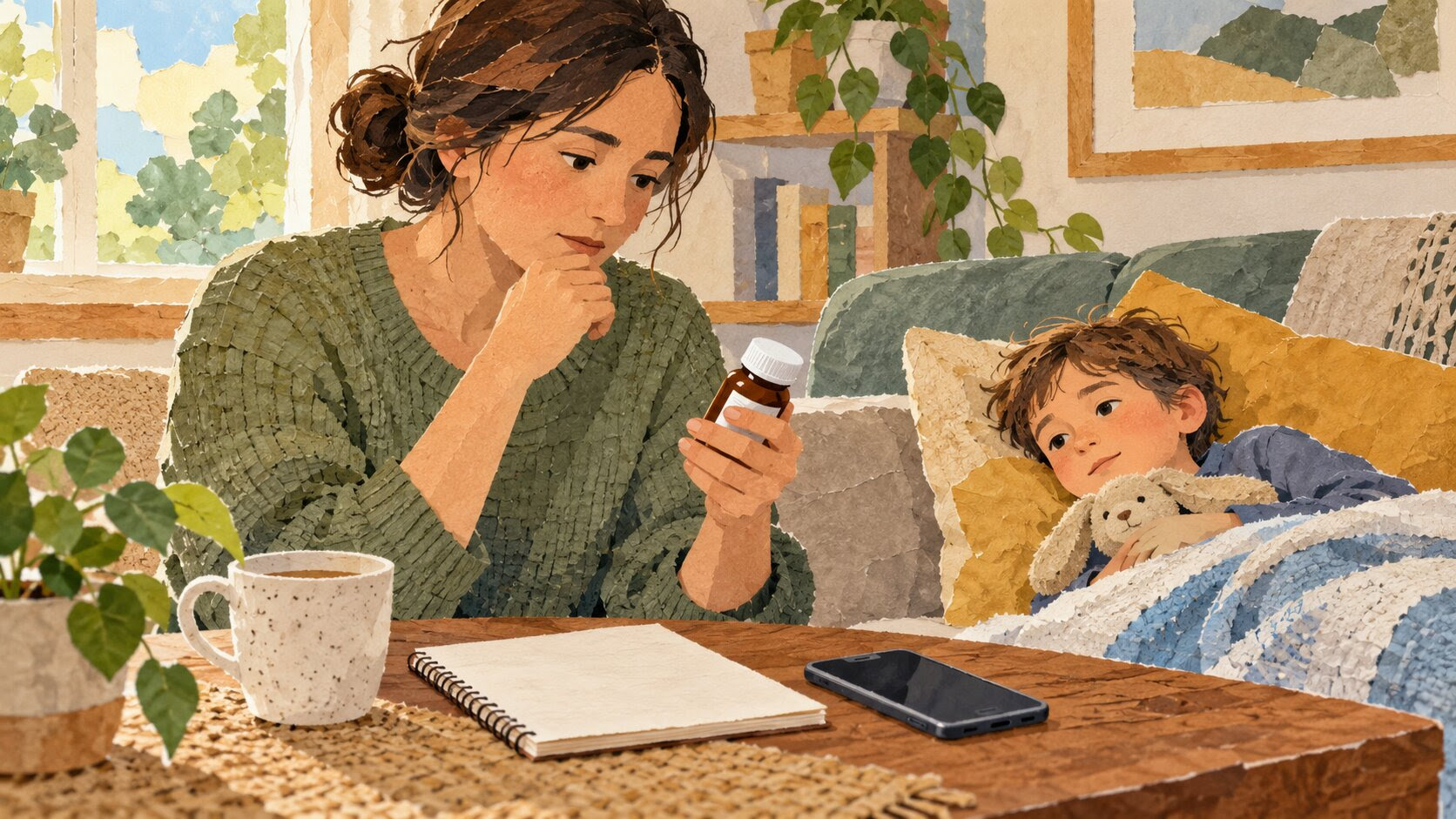 A caregiver checks a child’s medicine packaging and makes a phone call while the child rests nearby.