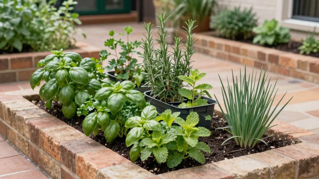 Small home herb garden in containers with fresh green herbs in an Australian outdoor setting.