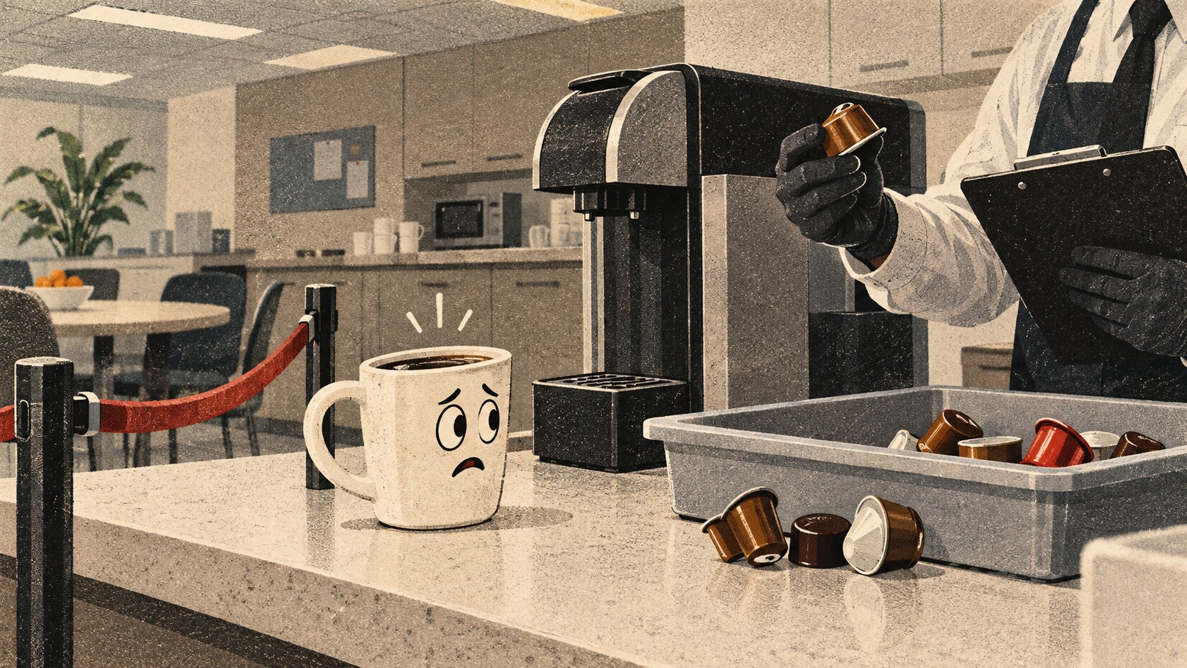 Satirical office coffee machine scene showing one daily coffee treated like a workplace crisis.