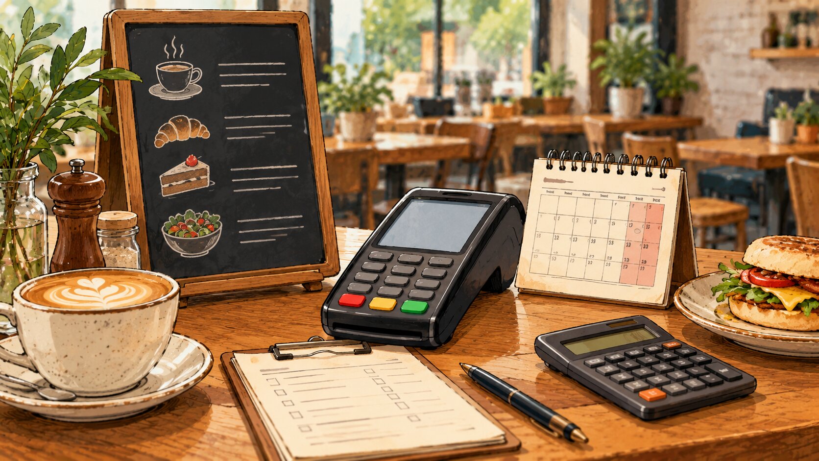 A cafe counter displays a blackboard menu titled