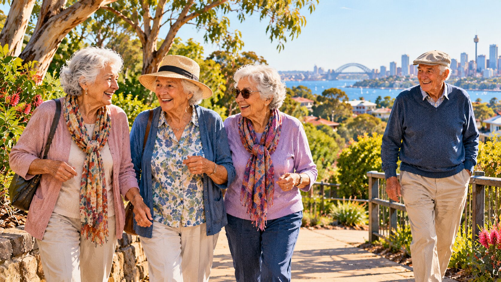 Older Australian women and a man walking outdoors, illustrating the female longevity advantage among people reaching very old age.